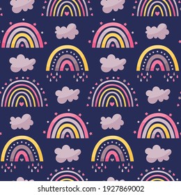 Seamless celestial cute vector pattern with rainbows, clouds, rain, stars, hearts