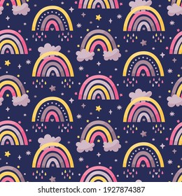 Seamless celestial cute vector pattern with rainbows, clouds, rain, stars