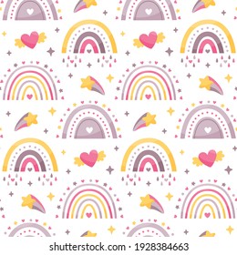Seamless celestial cute vector pattern with rainbows, clouds, stars, hearts