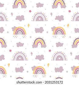 Seamless celestial cute vector pattern with rainbows, clouds, rain, stars, hearts
