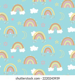 Seamless celestial cute vector pattern with rainbows, clouds, rain, stars