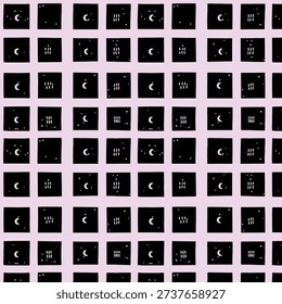 Seamless Celestial Grid Pattern: Whimsical Black Squares with White Hand-Drawn Moon and Star Icons on Lavender Background