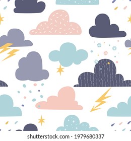 Seamless celestial pattern with different clouds and precipitation. Great for fabric, textile. Vector Illustration