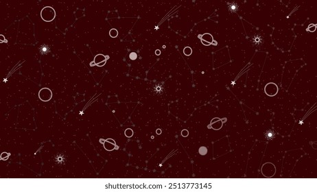 A seamless celestial pattern featuring constellations, planets, stars, and shooting stars on a deep red background. Perfect for space-themed designs, wallpapers, and cosmic projects.