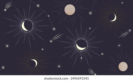 Seamless celestial pattern featuring moons, stars, and shooting stars, perfect for mystical and cosmic-themed designs.