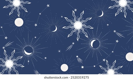 Seamless celestial pattern featuring moons, stars, and glowing suns against a deep blue background. Ideal for cosmic-inspired designs, wallpaper, fabric, and decor.