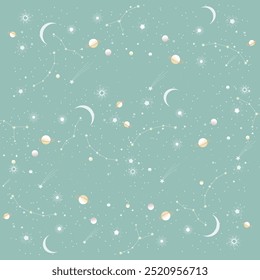 A seamless celestial pattern featuring moons, stars, and planets on a pastel background. Perfect for space-themed designs, wallpapers, and textile prints.