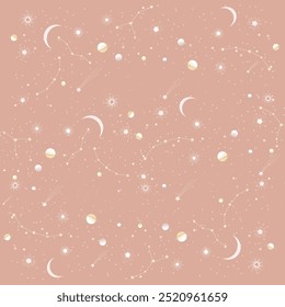 Un patrón celestial sin fisuras con lunas, estrellas y planetas sobre un fondo pastel. Perfecto para diseños con temática espacial, Fondos de pantalla y estampados textiles.