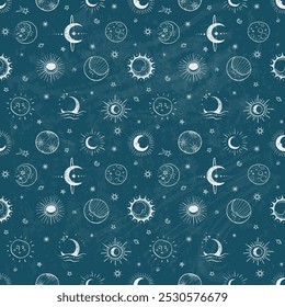 Seamless celestial pattern featuring white hand-drawn suns, moons, planets, and stars on blue blackboard background.