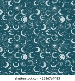 Seamless celestial pattern featuring white hand-drawn suns, moons, planets, and stars on blue blackboard background.