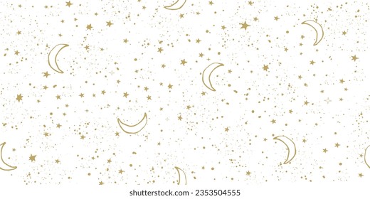 Seamless celestial pattern with golden stars and moon on white sky, astrological boho background for zodiac signs, tarot vector art. Magic space ornament.