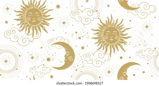 Seamless celestial pattern and golden sun   crescent moon white background  vintage boho ornament for astrology   tarot  Modern vector hand drawing illustration 