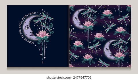 Seamless celestial pattern, label with lotus flower, flying fantasy dragonflies, moon crescent with face, stars. Mysterious magic concept. Colorful illustration in vintage style.