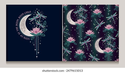 Seamless celestial pattern, label with lotus flower, flying fantasy dragonflies, moon crescent, stars. Mysterious magic concept. Colorful illustration in vintage style.