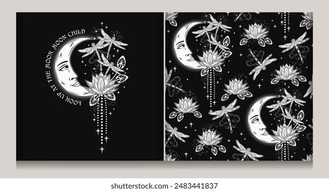 Seamless celestial pattern, label with lotus flower, flying fantasy dragonflies, moon crescent with face, stars. Mysterious magic concept. Monochrome illustration in vintage style.