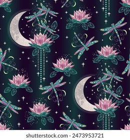 Seamless celestial pattern with lotus flower, flying fantasy dragonflies, moon crescent, stars. Mysterious magic concept. Colorful illustration in vintage style.