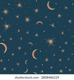Seamless Celestial Pattern with Moon, Stars and Cosmic Elements