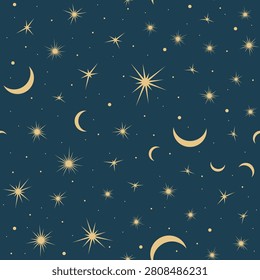 Seamless Celestial Pattern with Moon, Stars and Cosmic Elements