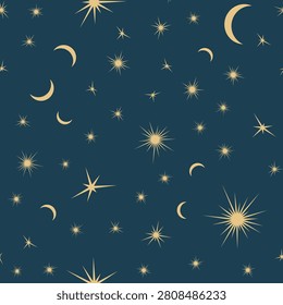 Seamless Celestial Pattern with Moon, Stars and Cosmic Elements