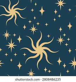 Seamless Celestial Pattern with Moon, Stars and Cosmic Elements