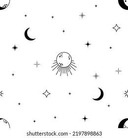 Seamless celestial pattern with moons and stars. Mystic black and white vector illustration. Good for textile, yoga mat, underwear, notebook cover, wrapping paper.