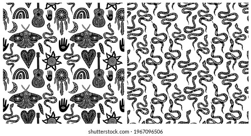 Seamless celestial pattern set, black-white boho symbols seamless pattern. Silhouettes of rainbow, guitar, moth, hand, snake, feather, dream catcher, moon, sun. Vector illustration in linocut style.