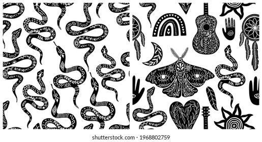 Seamless celestial pattern set, black-white boho symbols seamless pattern. Silhouettes of rainbow, guitar, moth, hand, snake, feather, dream catcher, moon, sun. Vector illustration in linocut style.