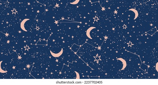 Seamless celestial pattern with stars and moon on blue sky, astrological background for zodiac signs, vector tarot art. Magic Space Ornament.