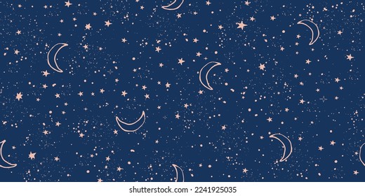 Seamless celestial pattern with stars and moon on blue sky, astrological background for zodiac signs, vector tarot art. Magic Space background