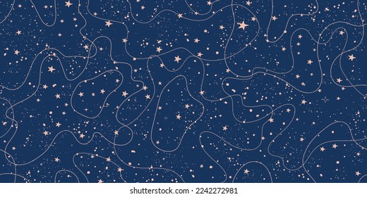 Seamless celestial pattern with stars on blue sky, astrological background for zodiac signs, tarot vector art, mystical night for divination. Magic space ornament.