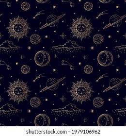 Seamless celestial pattern with sun, moon, and planets. Magic ornament, tarot, horoscope, print for clothes, paper, packaging. Black and gold vector pattern