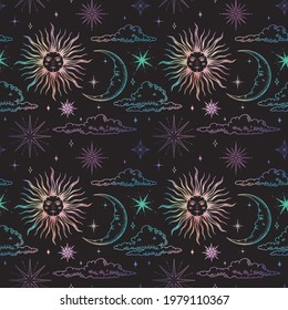 Seamless celestial pattern with sun, moon and clouds. Magic ornament, tarot, horoscope, print for clothes, paper, packaging. Black with rainbow pattern