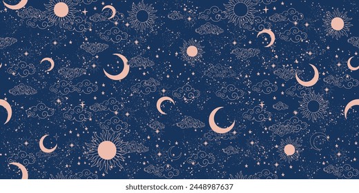 Patrón celestial sin fisuras con el sol, la luna y las estrellas, fondo astrológico místico, ornamento del Vector del horóscopo. Anuncio del zodiaco, adorno para la tela, papel de envoltura.