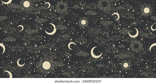 Patrón celestial sin fisuras con el sol, la luna y las estrellas sobre fondo negro, fondo astrológico místico, ornamento del Vector del horóscopo. Anuncio del zodiaco, adorno de la tela, papel de envoltura.