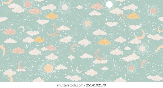 Seamless celestial pattern with sun, moon, stars and clouds. Cute background for a card in pastel colors, ornament for paper, fabric, wallpaper. Vector illustration.