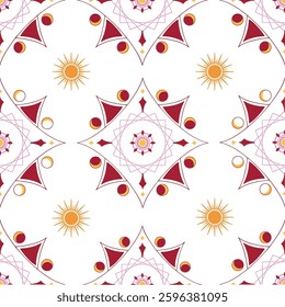 Seamless celestial pattern with sun, moon phases, and geometric elements in red, gold, and pink tones. Perfect for wallpapers, textiles, packaging, and decor.	(Vector)