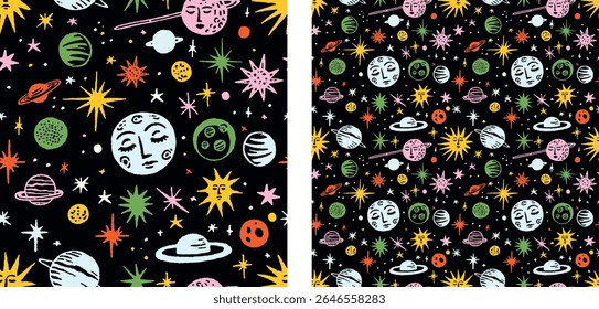 Padrão de espaço celeste sem costura com planetas, estrelas e sóis desenhado à mão ilustração de vetor universo