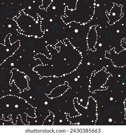 Seamless celestial winter animal pattern. Repeating vector print with white stars, polar bears and penguins in a black starry night sky background. Apparel textile print.