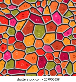 Seamless Cellular Pattern with Orange and Pink Pentagon Shapes. Mosaic Background in Organic Style