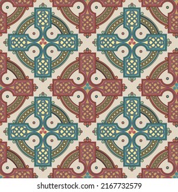 Seamless Celtic knot pattern including medieval crosses and circles rust-red, ochre and teal on beige background (tapestry variation n° 4)