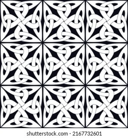 Seamless Celtic knot pattern including medieval crosses and circles in black and white (variation n° 1)