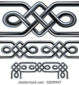 Seamless Celtic rope design element.  Complex interlocking stainless steel tubes in a repeatable tribal pattern than can be used as a frame, background, or border design.  Includes corner pieces.