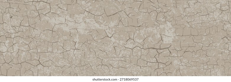 Nahtlose zementgraubraune Wand mit Rissmuster. Knisternde Glasur. Alte, getrocknete, verschmutzte oder geschliffene Oberfläche. Vektorgrafik.
