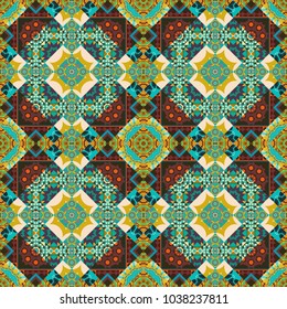Seamless ceramic tile with colorful patchwork. Design in gray, brown and blue colors. Islam, Arabic, Indian, ottoman motifs. Vector multicolor pattern in turkish style.