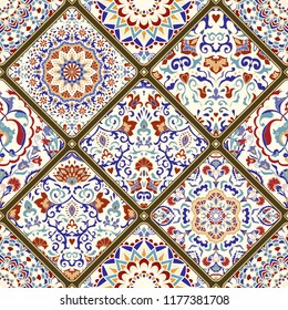 Seamless ceramic tile with colorful patchwork. Vintage multicolor pattern in turkish style. Hand drawn background. Islam, Arabic, Indian, ottoman motifs