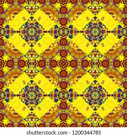 Seamless ceramic tile with colorful patchwork. Vector multicolor pattern in turkish style. Islam, Arabic, Indian, ottoman motifs. Design in yellow, orange and red colors.