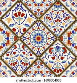 Seamless ceramic tile with colorful patchwork. Vintage multicolor pattern in turkish style. Hand drawn background. Islam, Arabic, Indian, Ottoman motifs. Vector