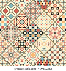 Seamless ceramic tile with colorful patchwork. Vintage multicolor pattern.  Endless pattern  can be used for ceramic tile, wallpaper, linoleum, textile, web page background.