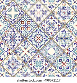 Seamless ceramic tile with colorful patchwork. Vintage multicolor pattern  in turkish style. Endless pattern can be used for ceramic tile, wallpaper, linoleum, textile, web page background. Vector
