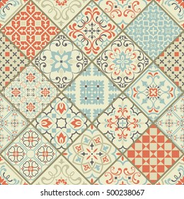Seamless ceramic tile with colorful patchwork. Vintage multicolor pattern in Spanish style. Endless pattern can be used for ceramic tile, wallpaper, linoleum, textile, web page background